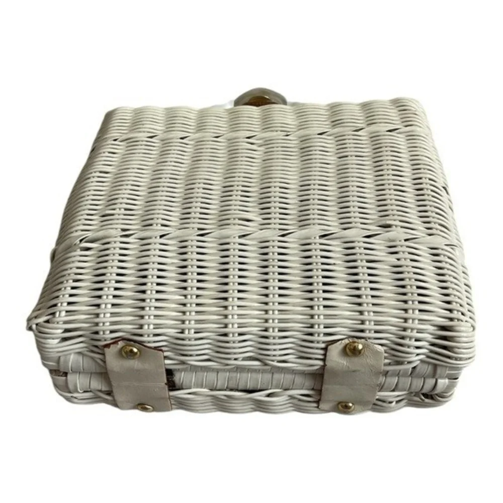 Vintage White Wicker Handbag Lucite Handles Pleated Purse Made Hong Kong 9x4x8